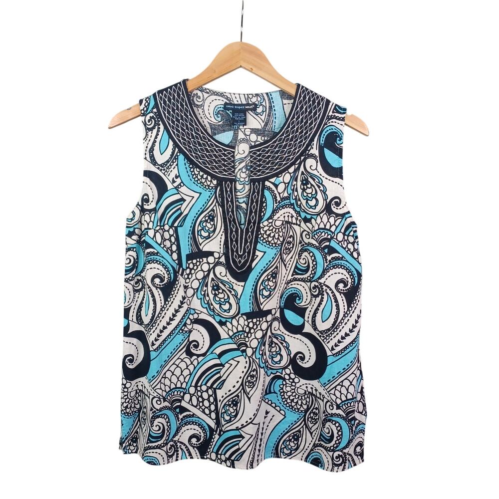 Saint Tropez West Linen Blend Top Sz L Embroidered Tunic Beach Resort Vacation
